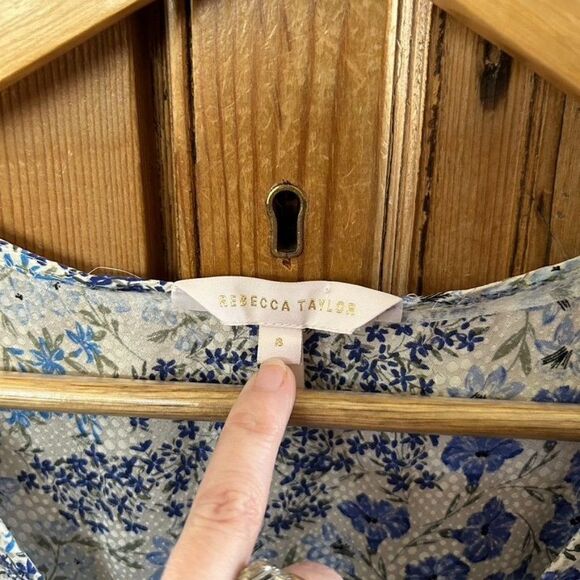 Rebecca Taylor 8 Dress Blue White Floral Ruffle V-Neck Tie‎ Knee Length Silk - Picture 4 of 14